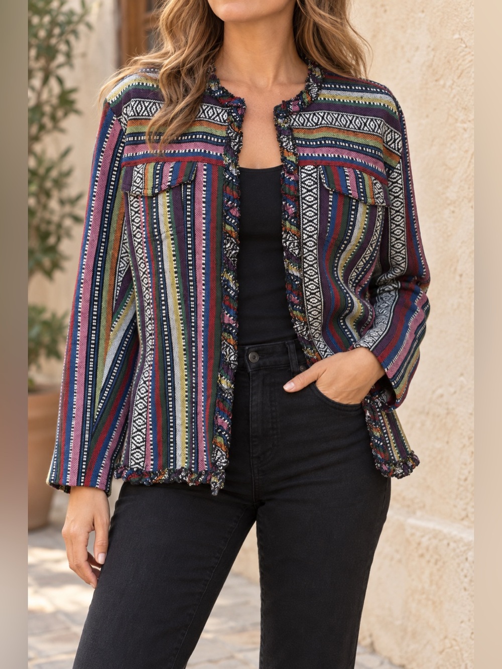Chico’s Multicolor Woven Ruffle Trim Jacket Size 2 Large